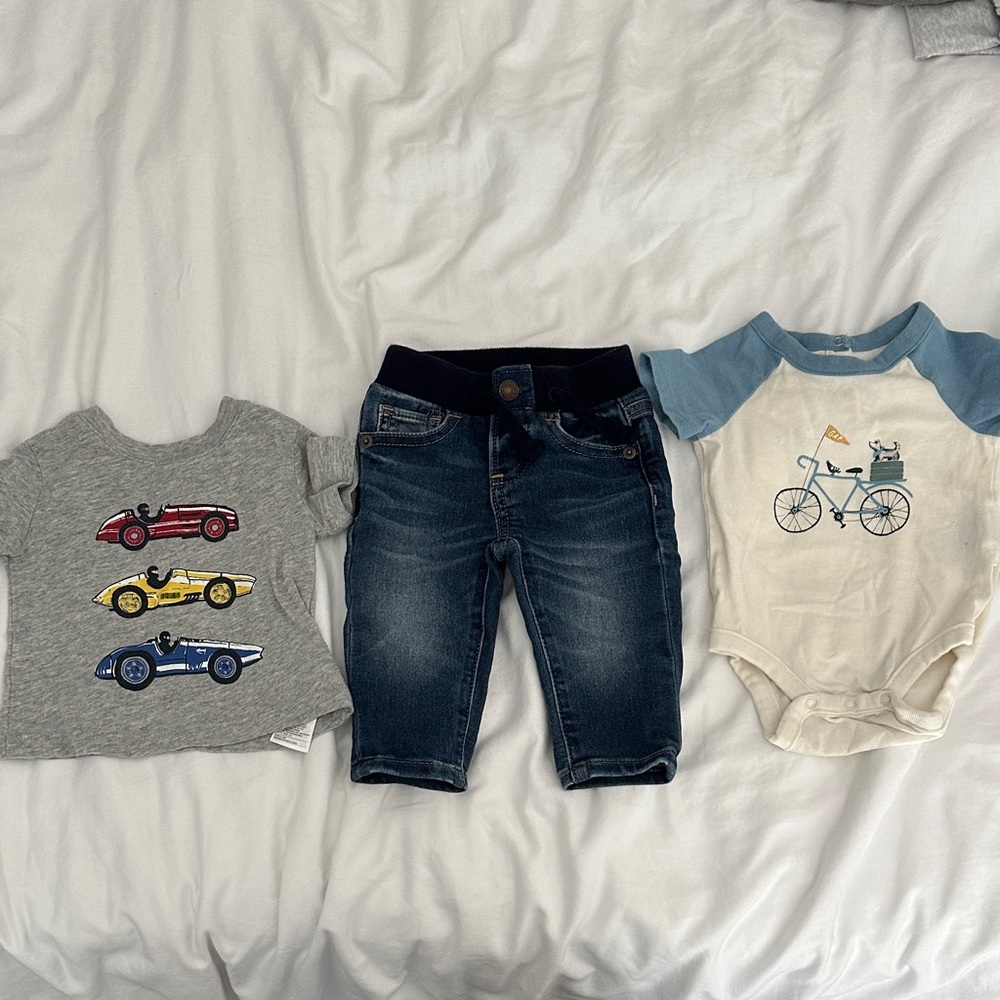 GAP Gray Car Tee, Blue-Trim Bicycle Onesie & Dark Denim Pants
